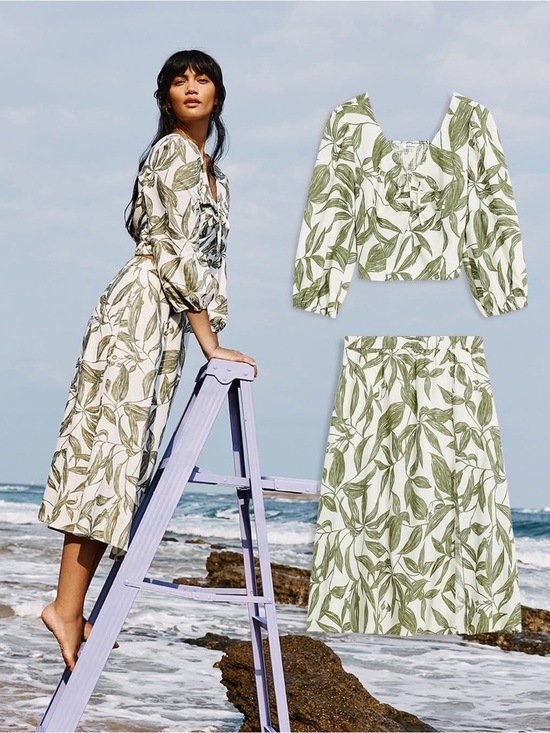 Reitmans Dresses & Skirts - Reitmans Linen-Blend Midi Skirt Set Green Leaf Pattern High Side Slit Size XXL
